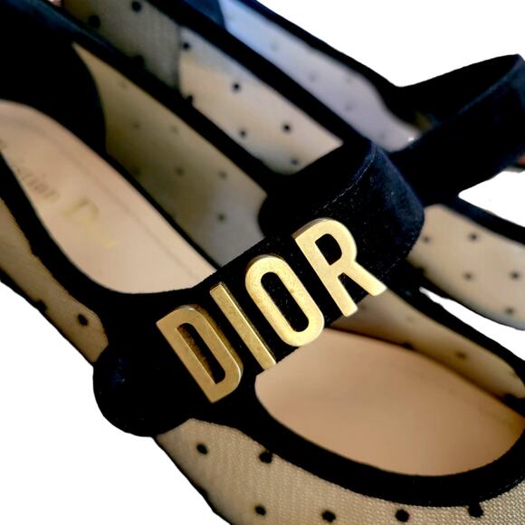 Dior Baby D Mesh Mary Jane Suede Logo Pumps Black Polka Dot Low Heel 8.5 38.5 - Picture 16 of 17